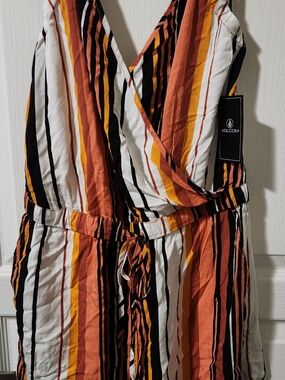 Volcom Sleeveless Striped Wrap Jumpsuit in Rust, Mustard & Black